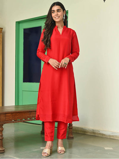 Red Silk Straight Kurta Set