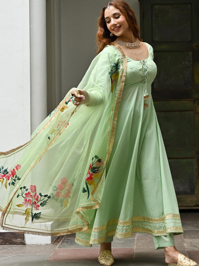 Green Cotton Anarkali set