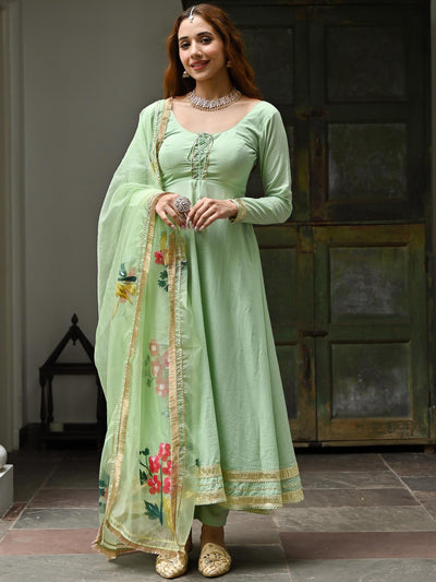 Green Cotton Anarkali set