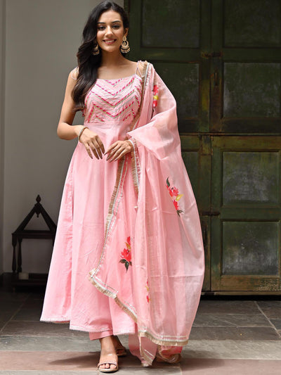 Peachy Pink Cotton Anarkali Pant Set