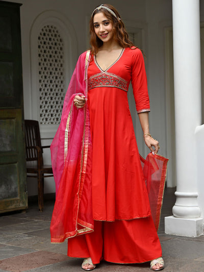 Red Cotton Embroidered Kurta Set