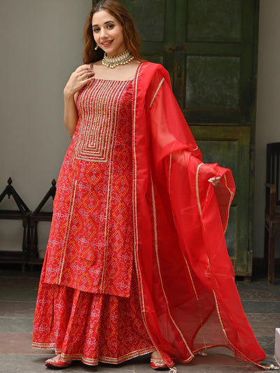 Red Cotton Bandhni Print Sharara Set