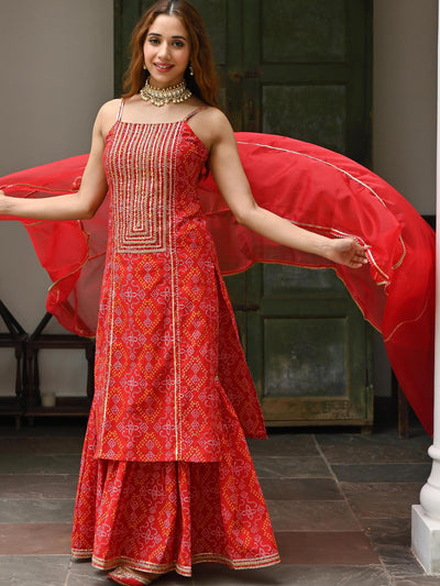 Red Cotton Bandhni Print Sharara Set