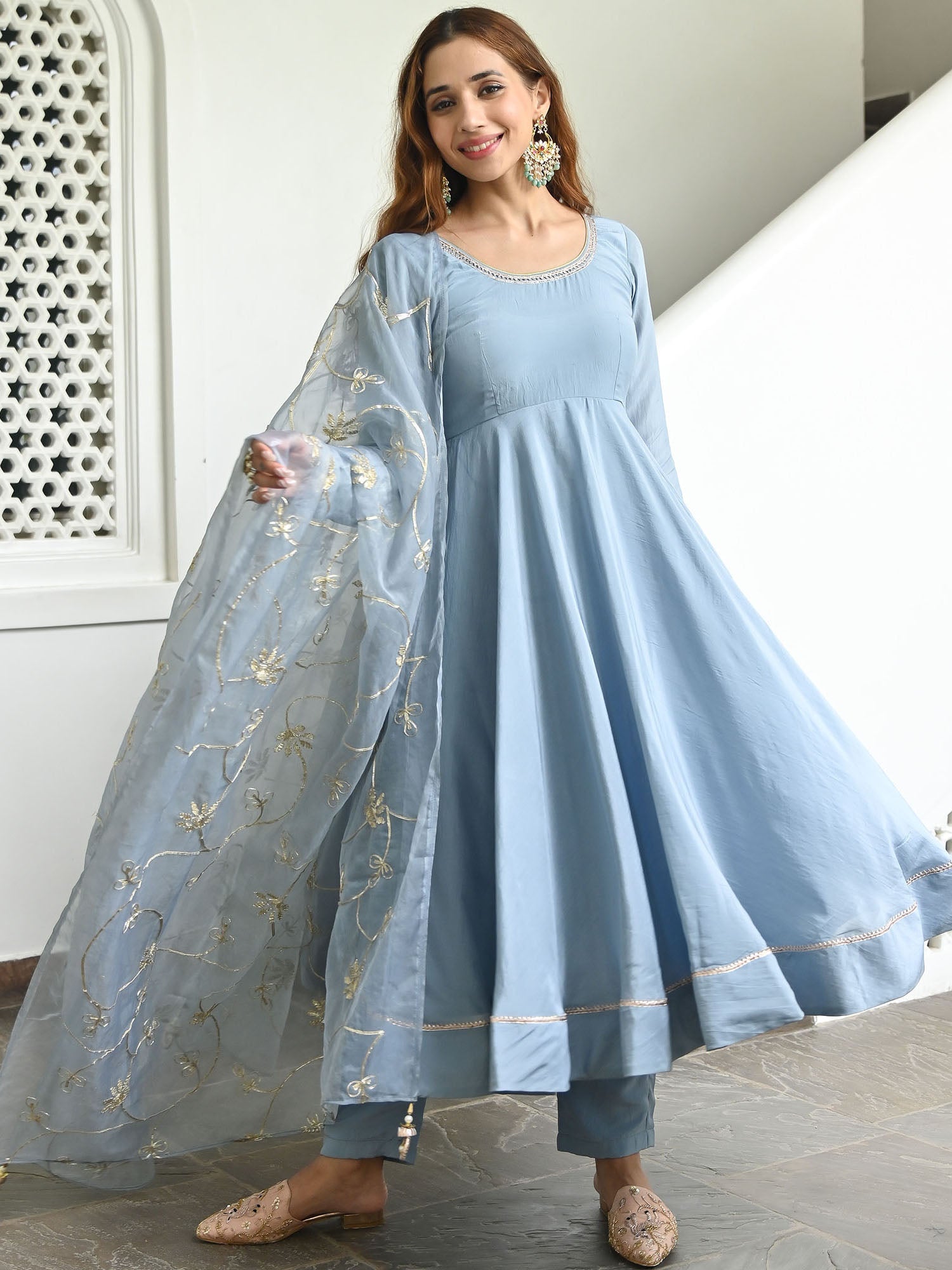 Powder Blue Solid Anarkali Set S Powder Blue Solid Anarkali Set S
