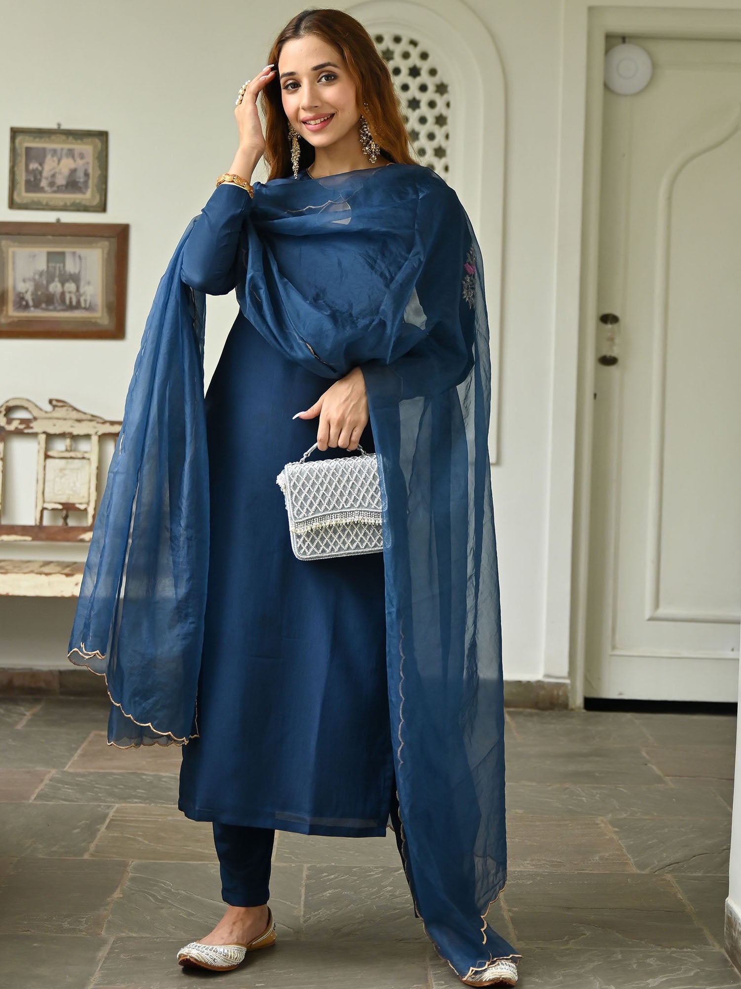 Navy Blue Motif Kurta Pant Set
