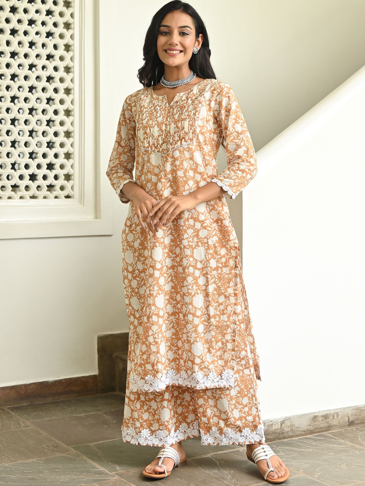 Women's Straight Brown Printed Kurta Sets with Palazzos main image 0