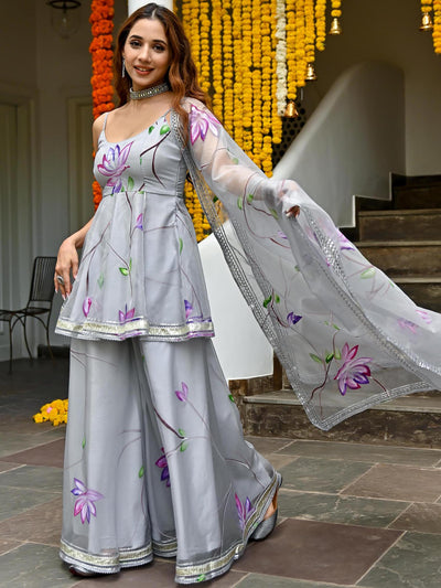 Grey Hand Painted Sharara Set