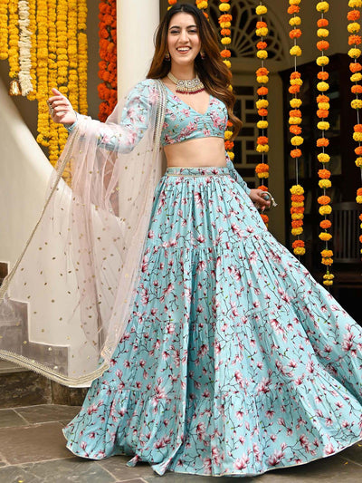 Blue Printed Lehenga Set