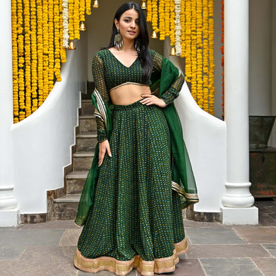 Green Bandhni Lehenga Set