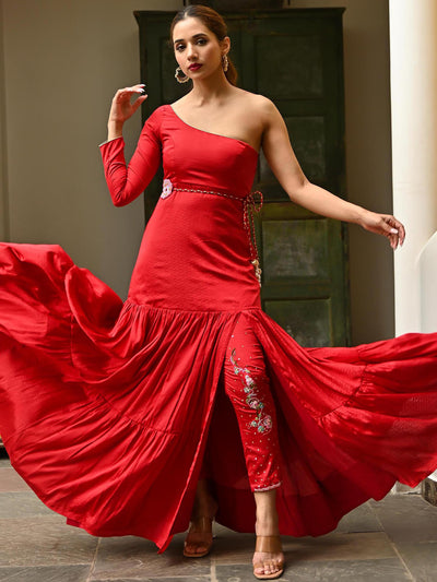 Red Embroidered Slit Dress