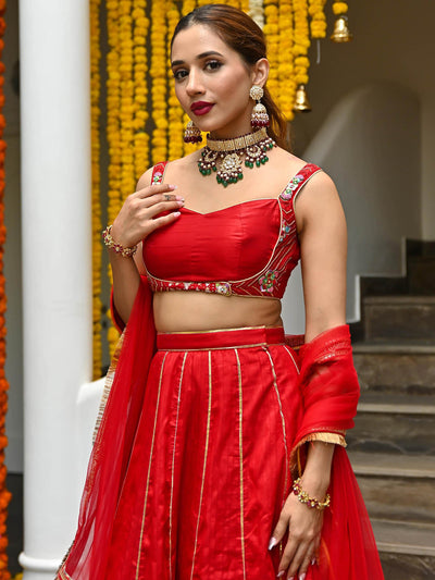 Red Silk Embroidered Lehenga
