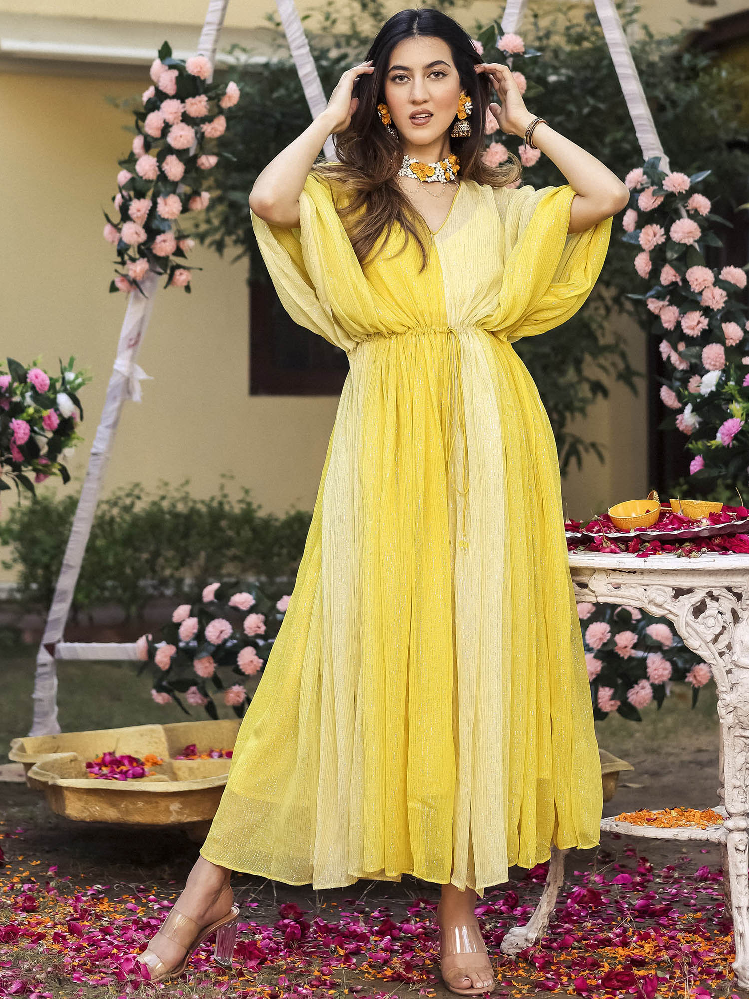 open lace back dress Yellow Lurex Kaftan