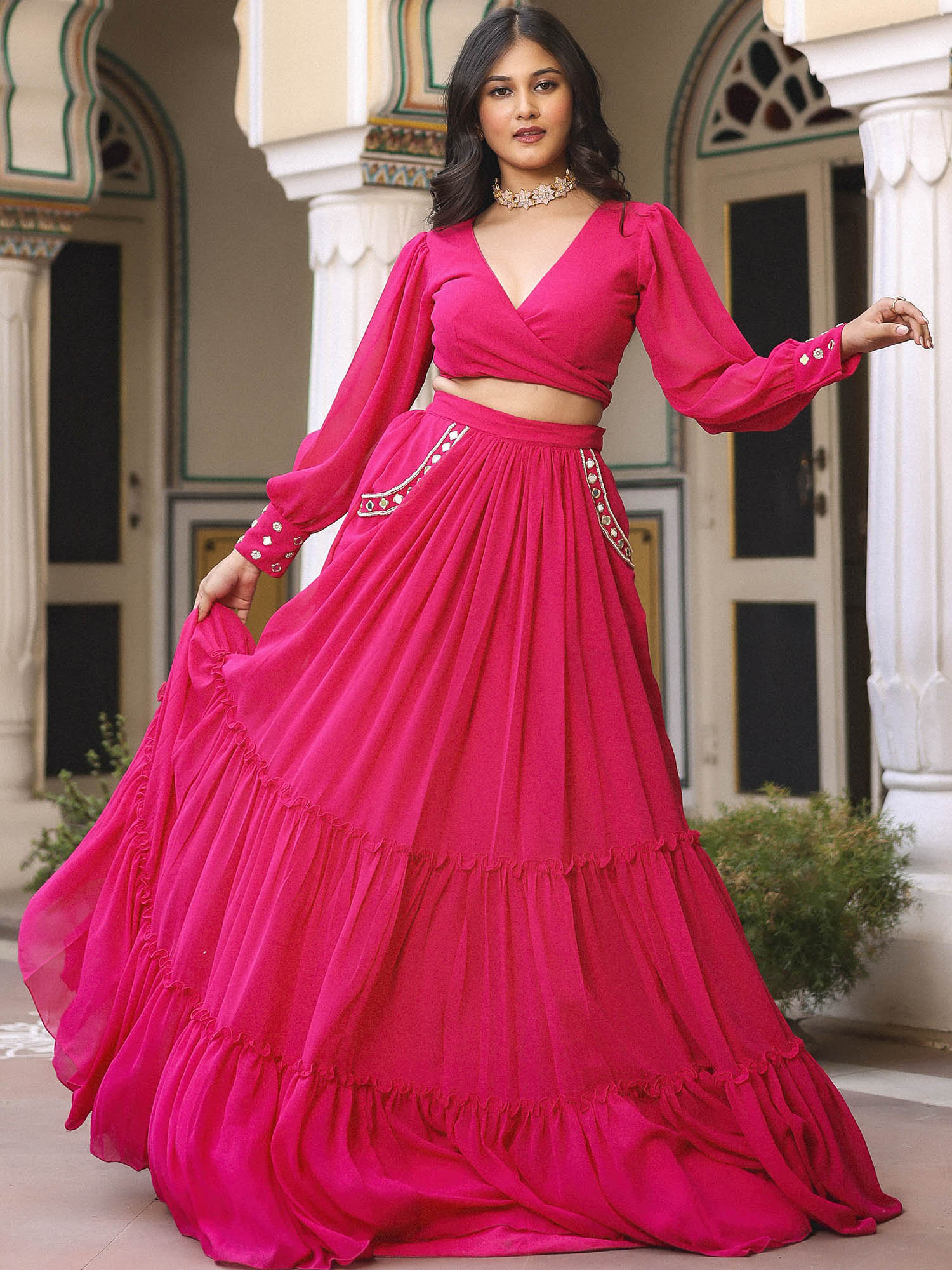 lehenga dress pink Women's Pink Silk Fabric Beads And Sequined Embroidery Lehenga Choli And Dupatta Pink / SEMI-STITCHED