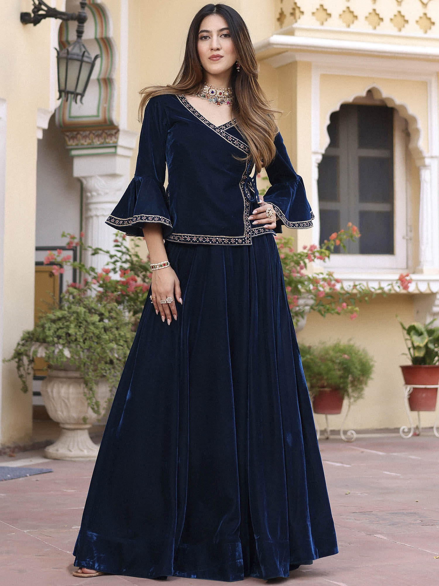 Blue Velvet Peplum Lehenga Set - Main Image