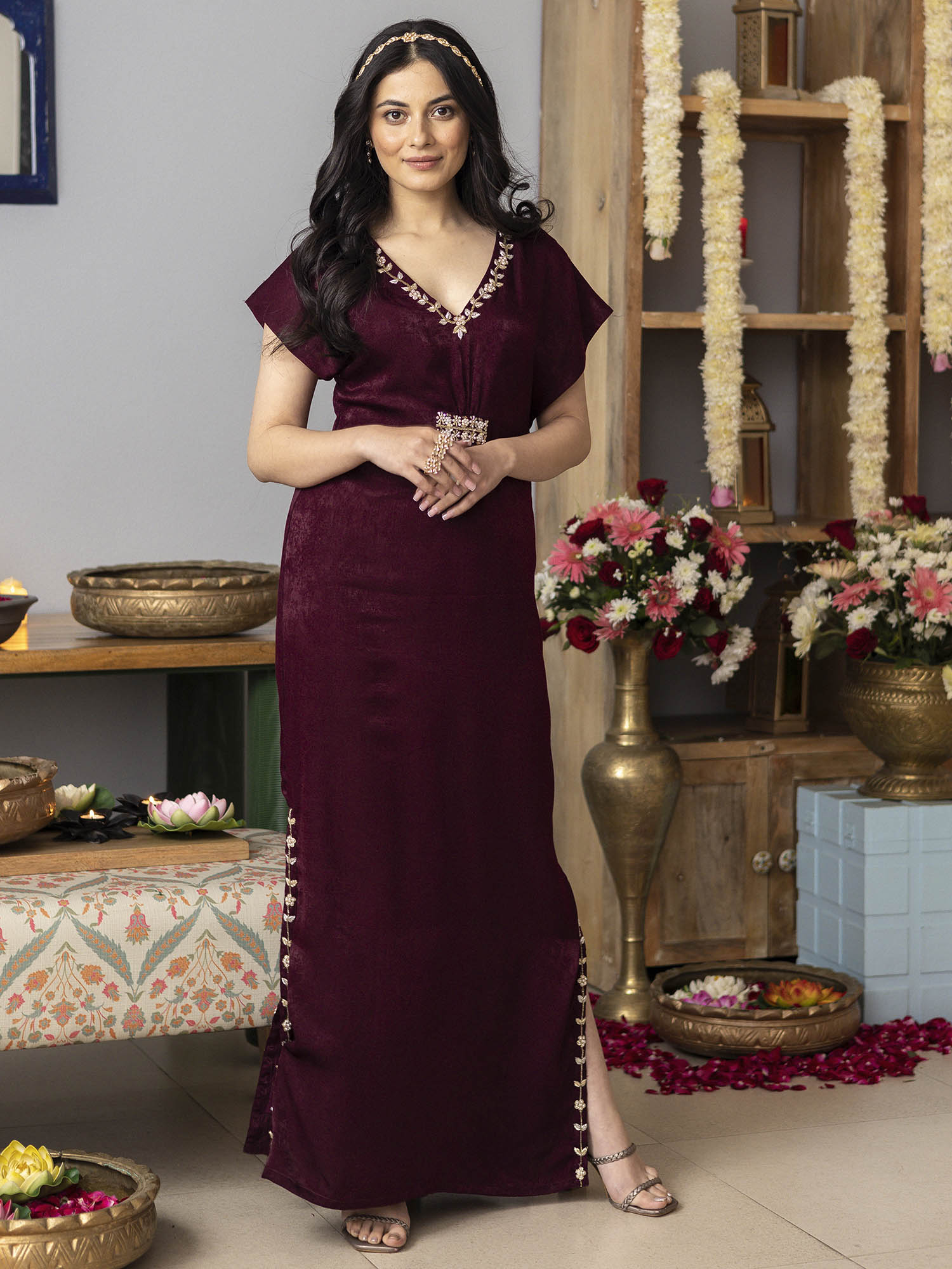 burgundy kaftan dress Zahra Embroidered Slit-Sleeve Kaftan main image 1