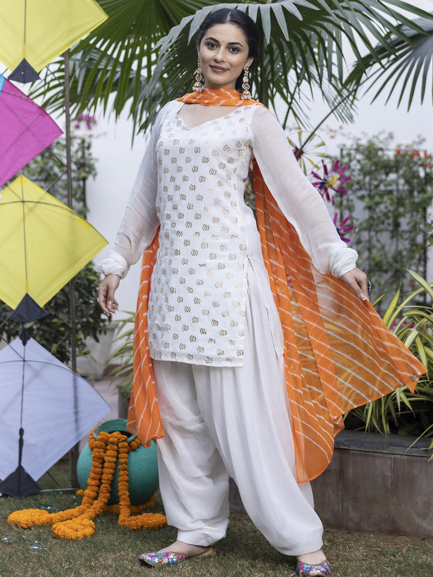 white dress with orange dupatta Daisy White Traditional Anarkali with Orange Ombre Bandhni Dupatta