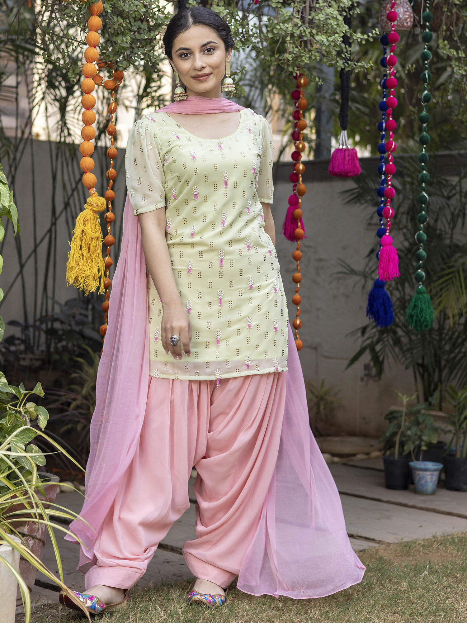 Patiyala Dress New Punjabi Suit For Girl Green Pink Hand Embroidered Patiyala Suit Set