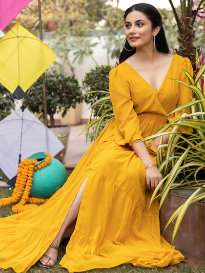 Mustard Yellow Pleated Angrakha Style Floor Length Dress