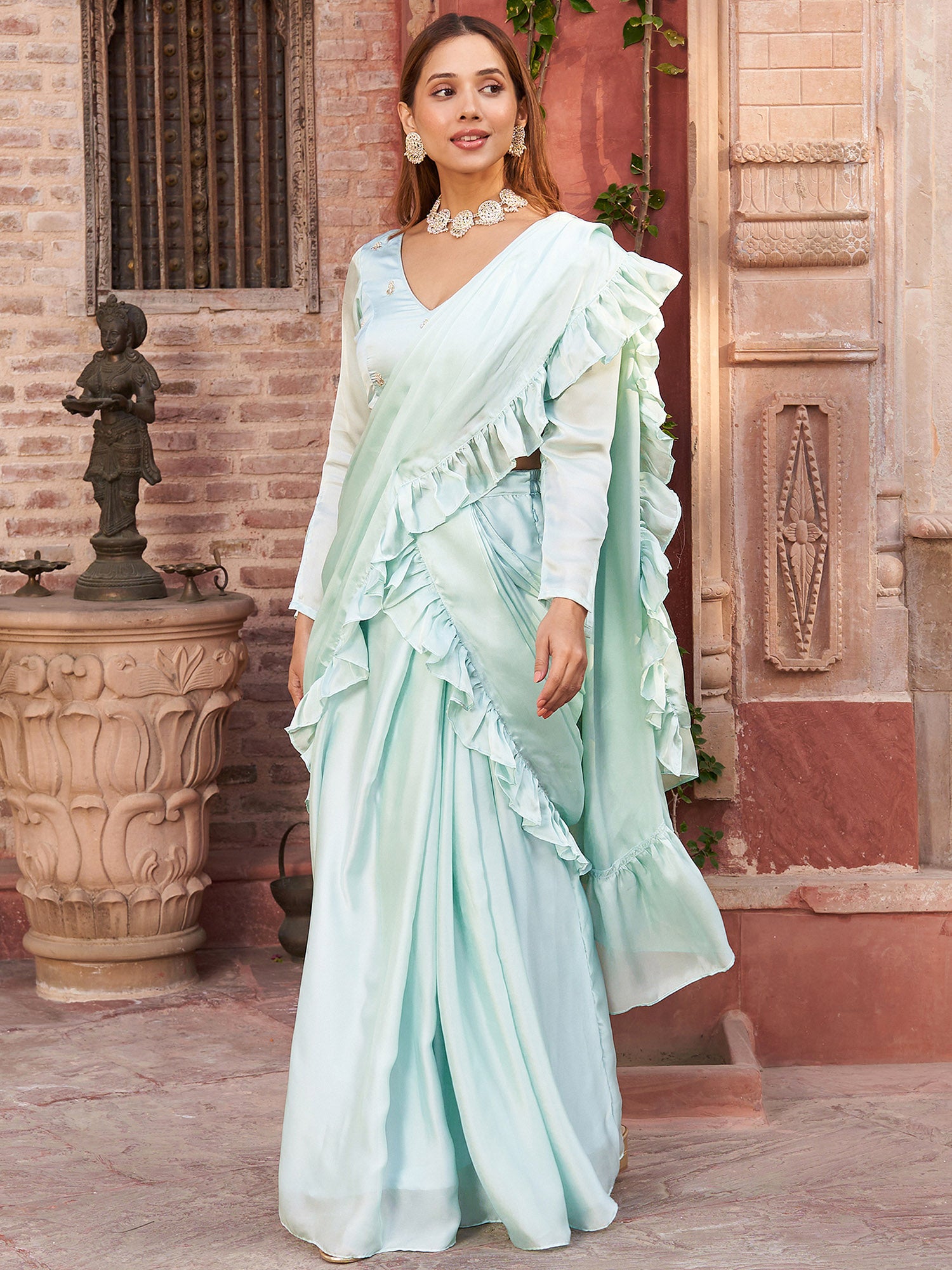 Embroidered Sky Blue Pre-Draped Saree Set