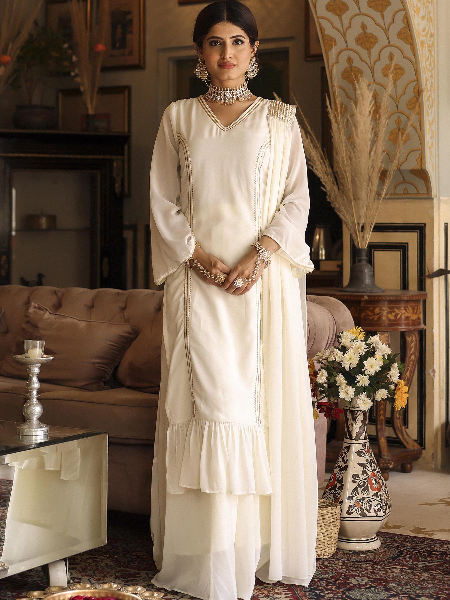 Loretta Supima Cotton White Kurta with Sharara Set main image 0