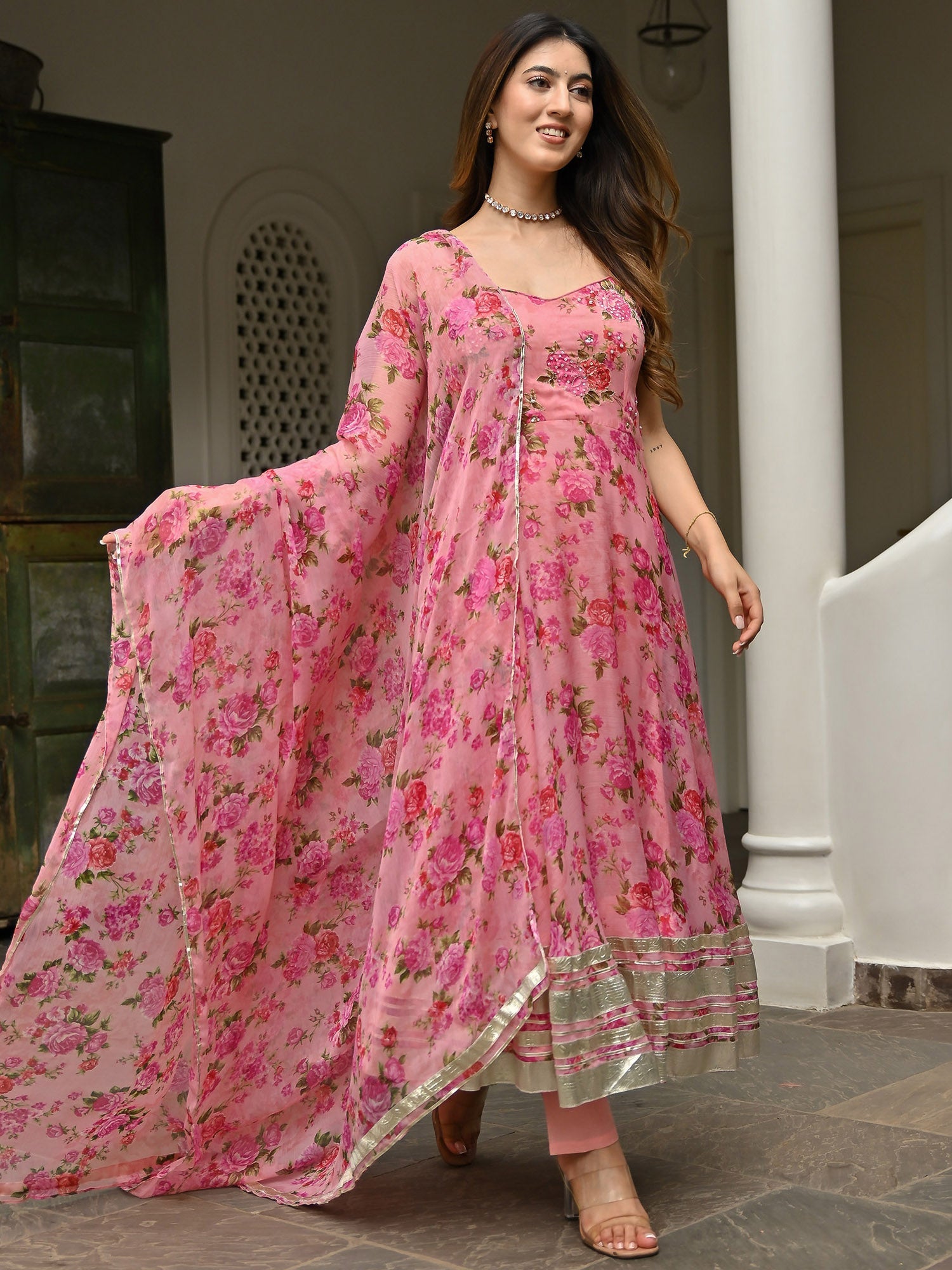 Exquisite Pink Printed Embroidered Silk Anarkali