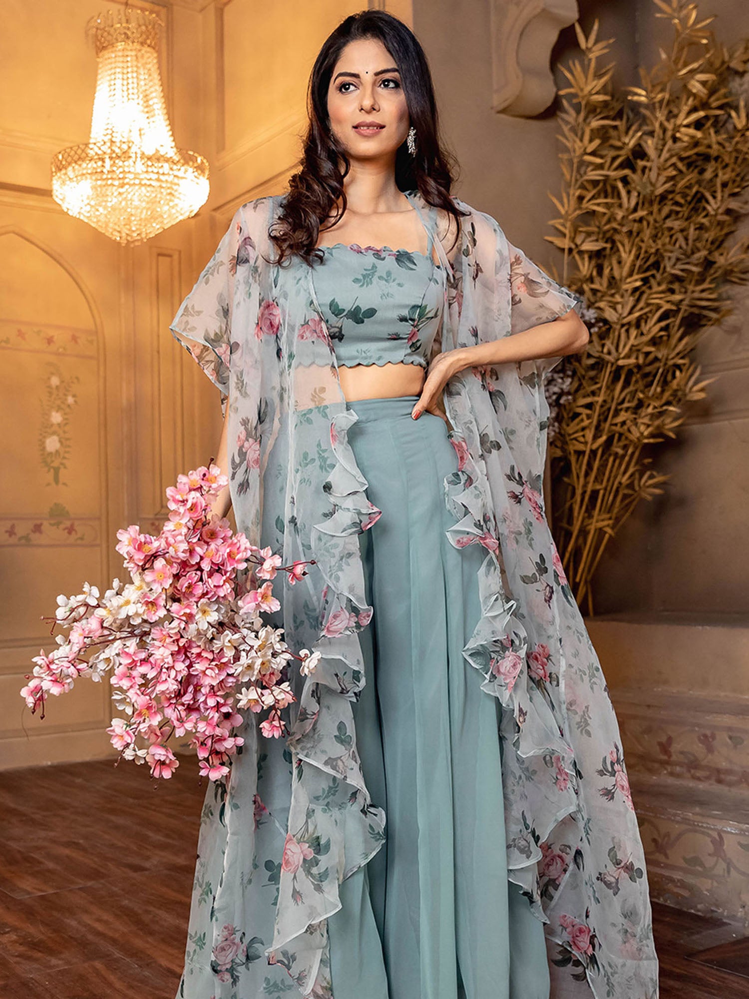 Georgette Crop Top With Palazzo And Long Shrug Shrug Suit Crop Top