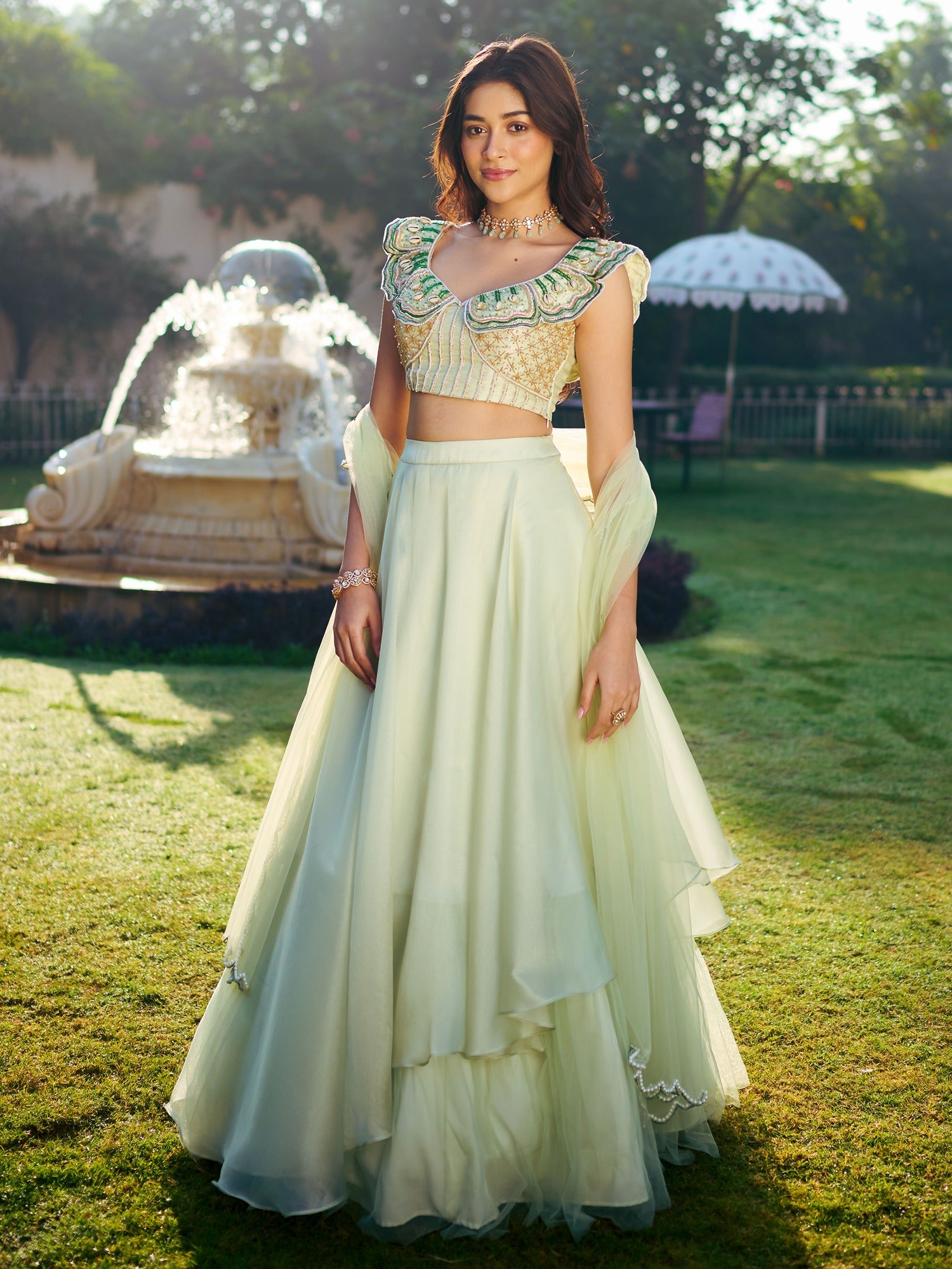 green lehenga dress Andaaz Fashion Women's Dusty Green Net Embroidered Lehenga For Mehndi