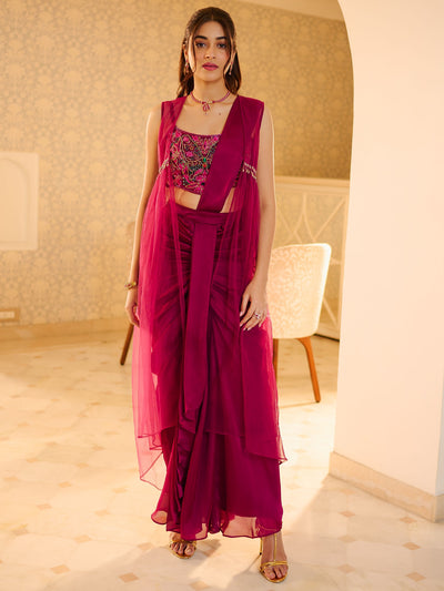 Modern Ruby Draped Saree Set
