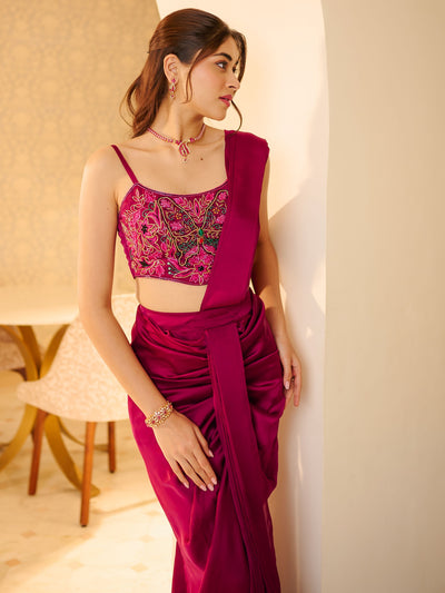 Modern Ruby Draped Saree Set