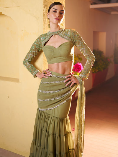 Modern Olive Green Pre Draped Saree