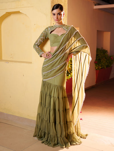 Modern Olive Green Pre Draped Saree