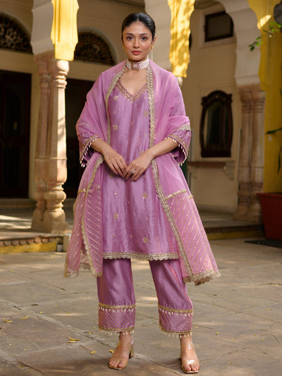 Mauve Silk Embroidered Kurta Set