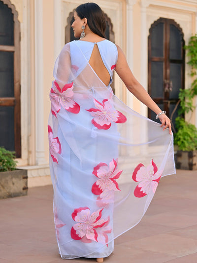 Blue Handpaint Organza Saree