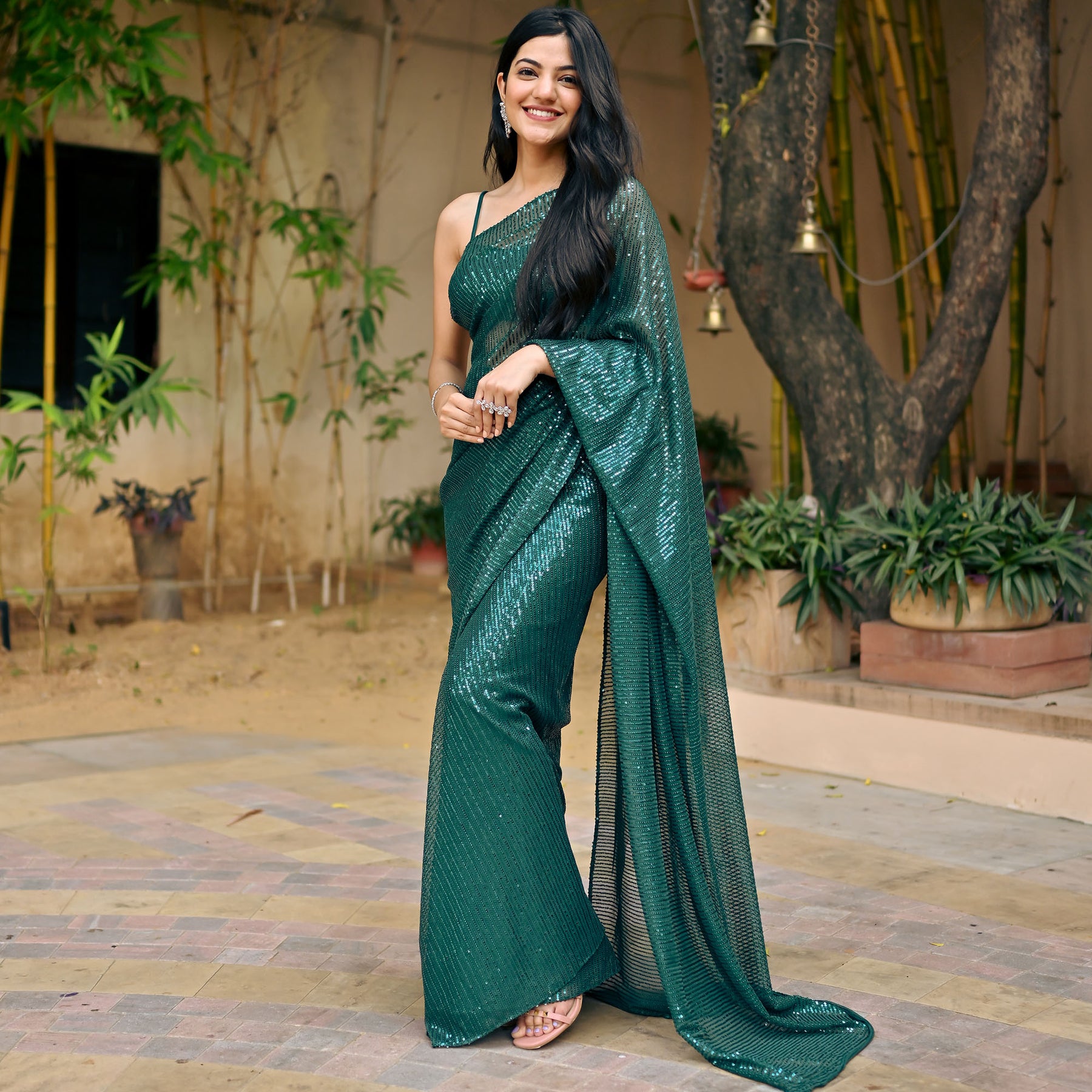 Green Sequin Ready to Wear Saree