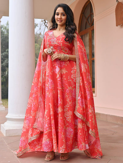 Orange Hand work Printed Anarkali Set