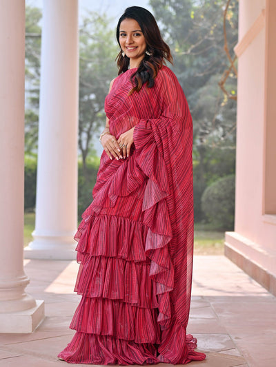 Maroon Stripes Pre Draped Saree