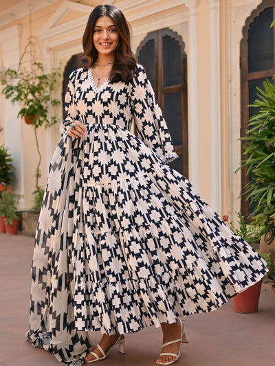 Black Geometric Printed Anarkali Set