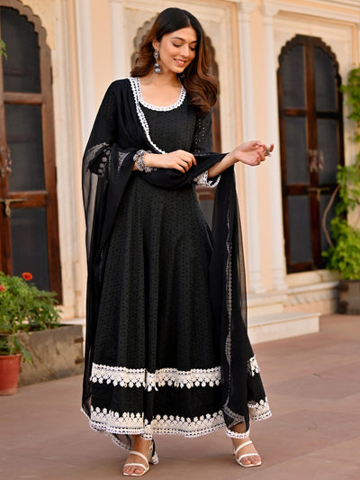 Black Schiffli Anarkali Set