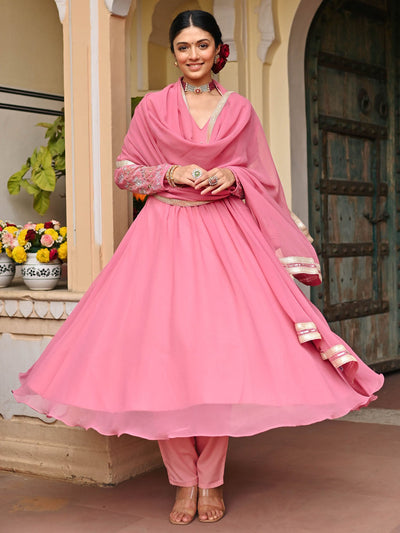 Pink Georgette Handwork Anarkali Set