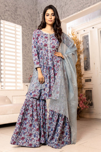 Purple Hand Block Sharara Set