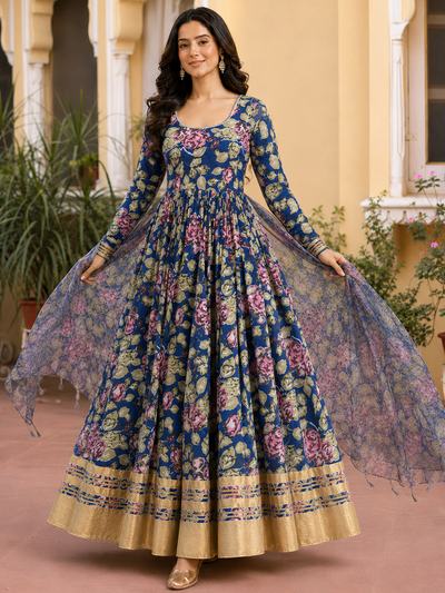 Blue Anarkali in Floral Block Print Dupatta