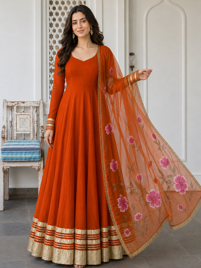 Orange Anarkali with Floral Organza Dupatta