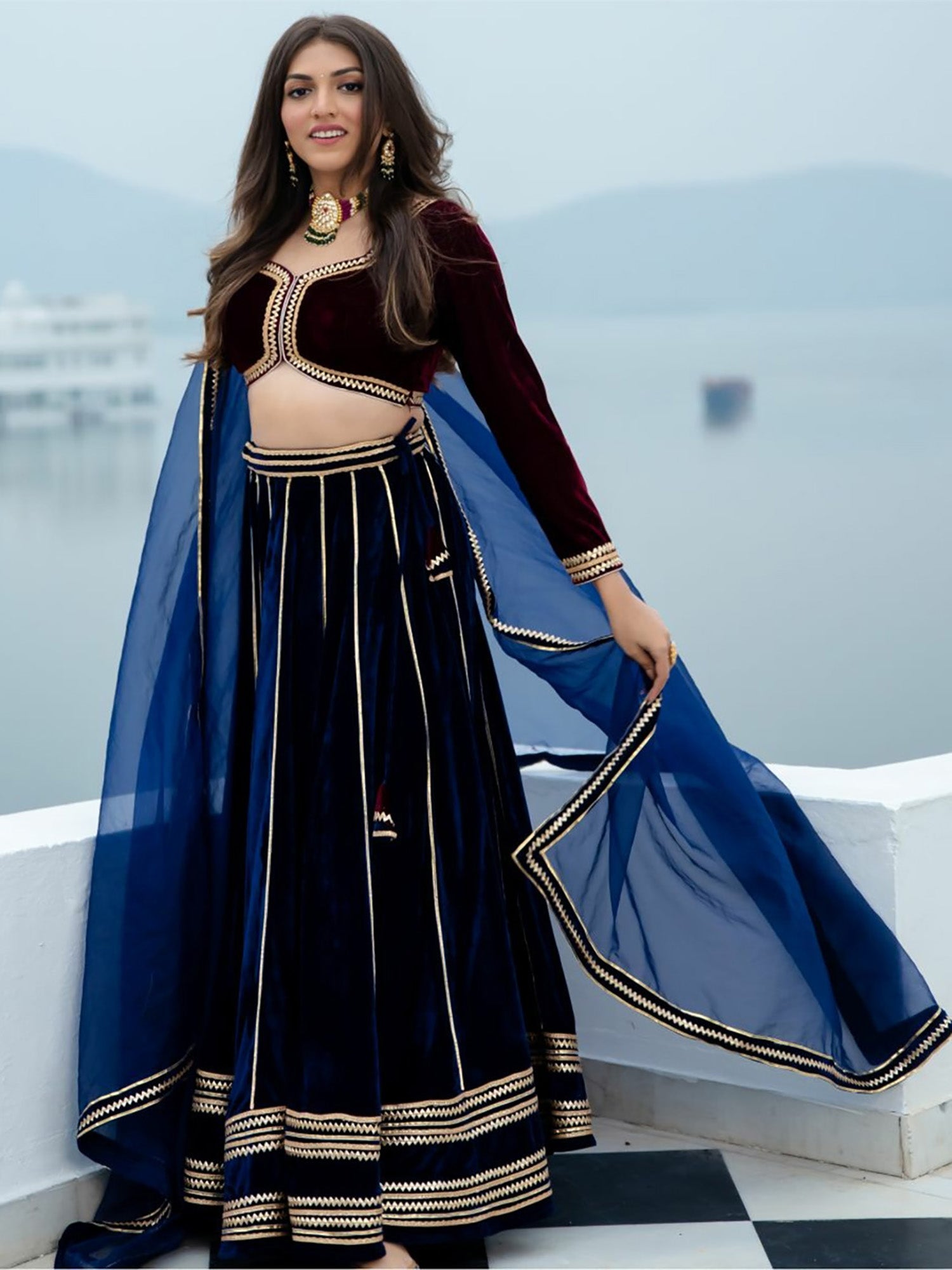 Blue Velvet Net Skirt Color Wine And Blue Velvet Lehenga Set