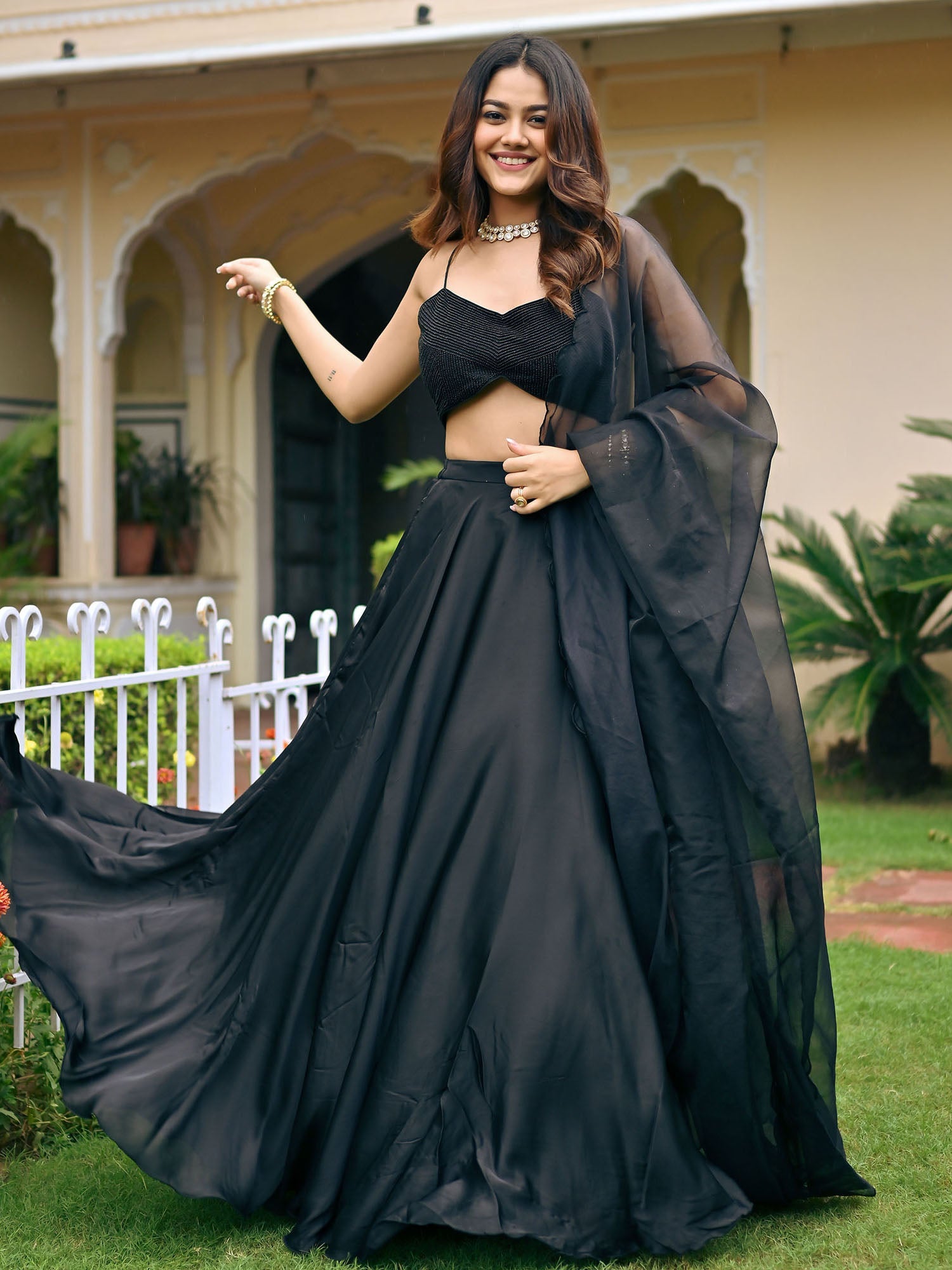 Black Handwork Blouse Lehenga Set - Main Image