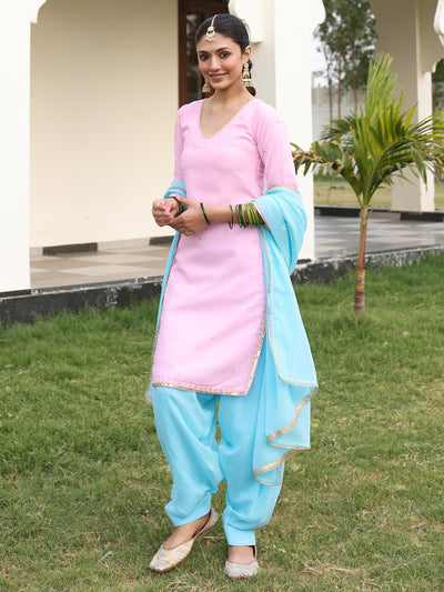 Baby Pink & Blue Contrast Patiala Set