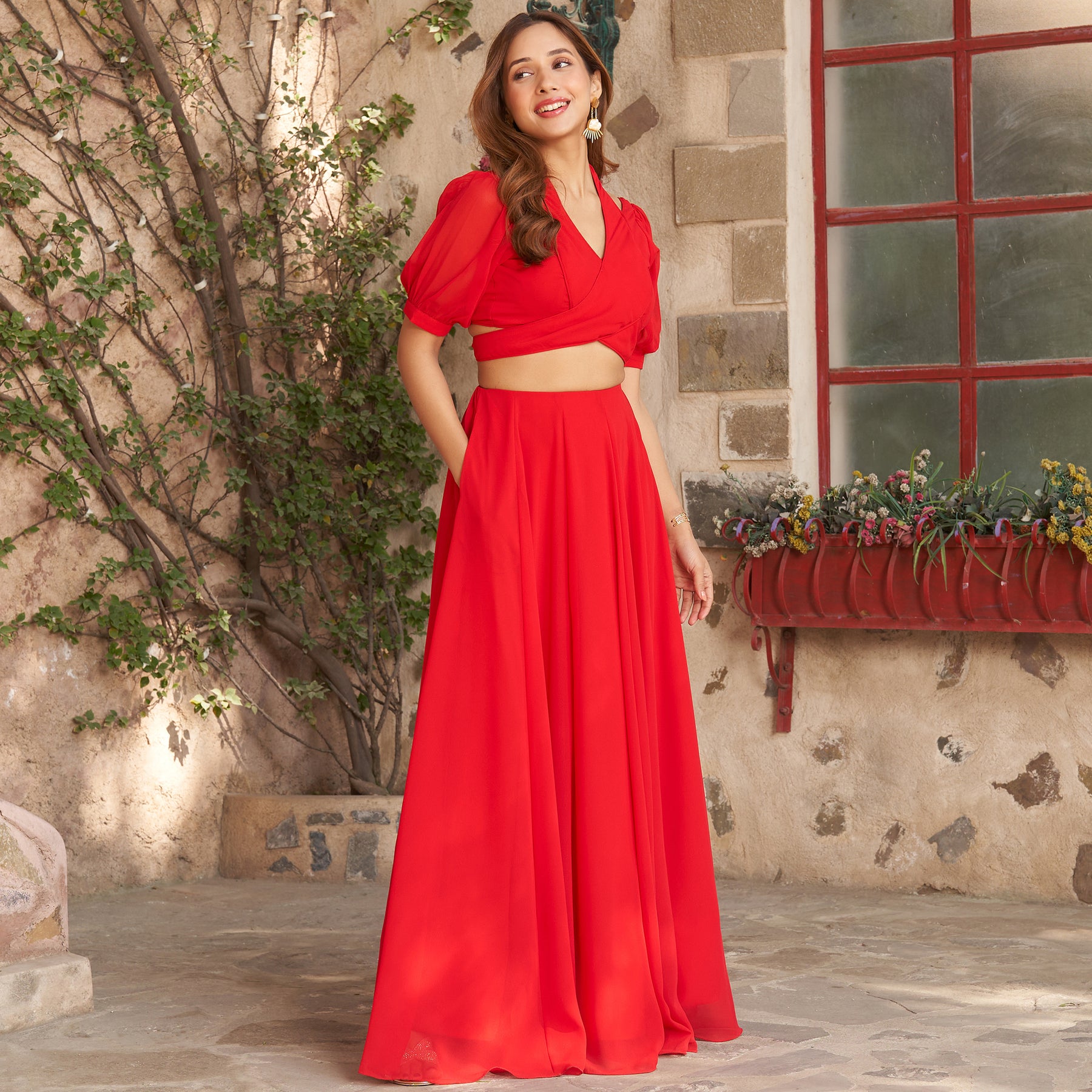 TOMATO RED CROP TOP WITH SKIRT