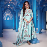 Blue Printed Anarkali Suit Set