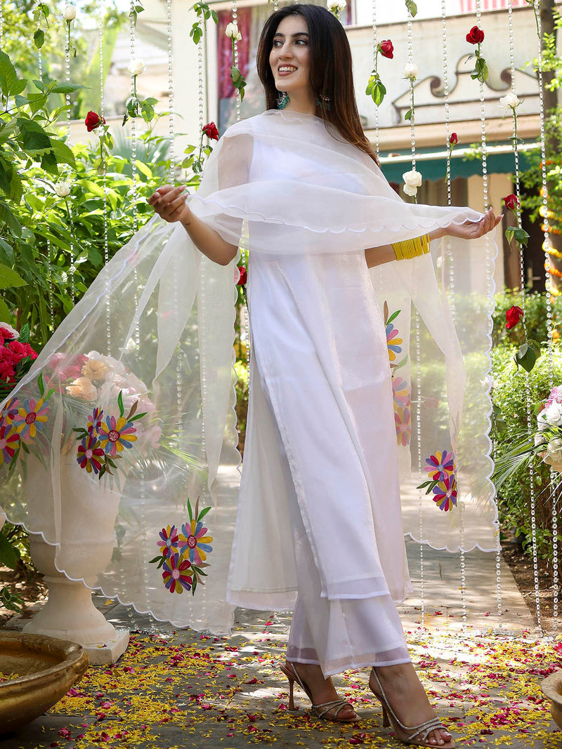 White Cotton Stripe Printed Kurta With Thread Embroidery main image 1