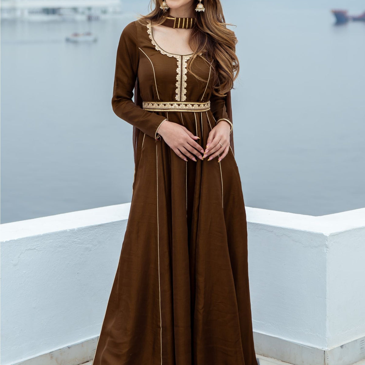 Chocolate Brown Silk Long Dress With Dupatta | Lavanya The Label Chocolate Brown Silk Long Dress With Dupatta | Lavanya The Label