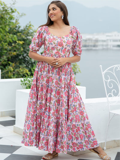 Pink Cotton Printed Flared Long Dress